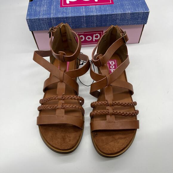 Pop Womens Traffic Ankle Strap Flat Sandals Cognac Sooth Brown Size 11M - Picture 2 of 9